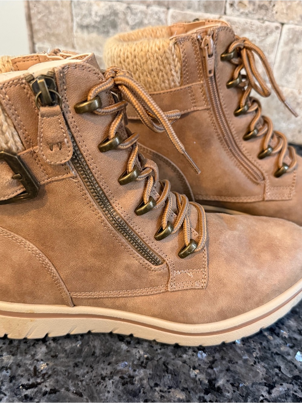 Cliffs by WHITE MOUNTAIN Tan Faux-Suede Knit-Collar Lace-Up Ankle Boots